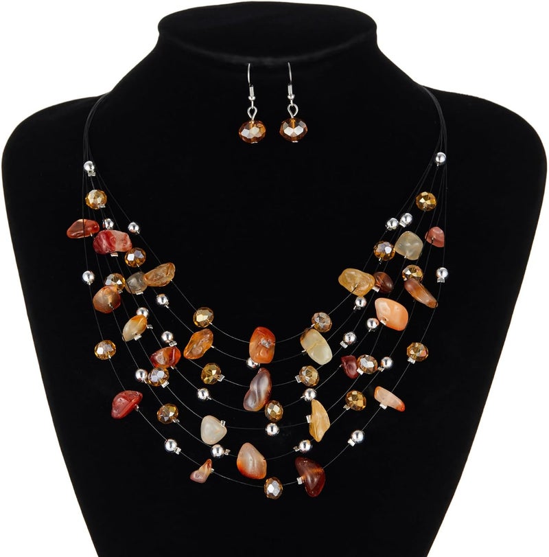 Errally Store Multi-Layer Boho Shell Beaded Necklace for Women Colorful Crystal Strand with Silver Beads Statement Collars Necklace and Earrings Costumes Jewelry Sets for Women - Image 4